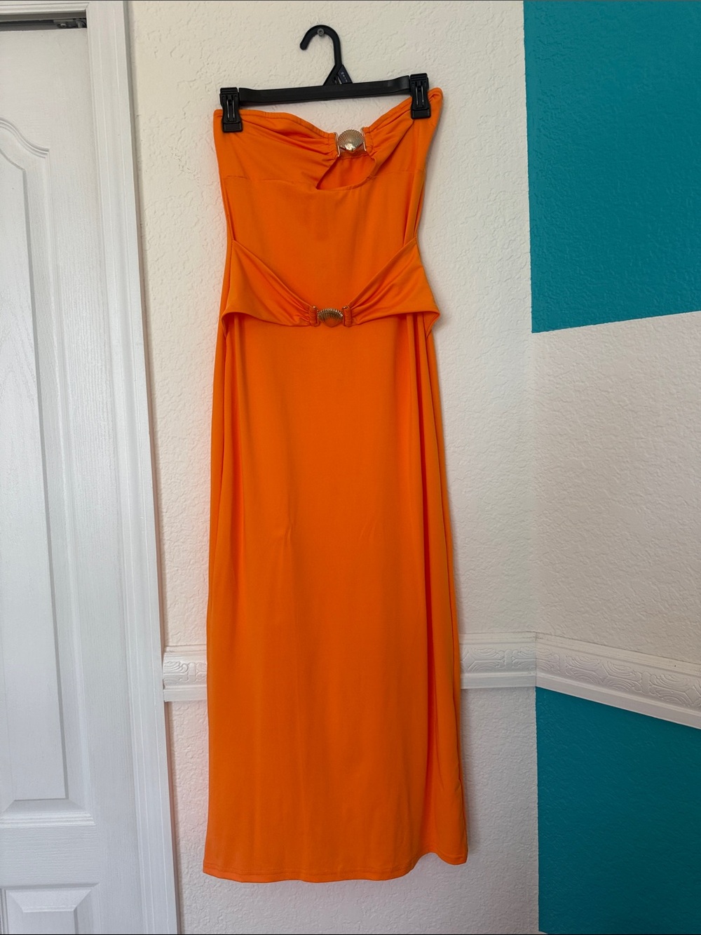 Strapless Orange Maxi Dress with Gold shell accents